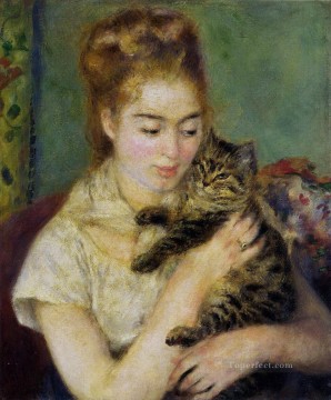 ペットと子供 Painting - ルノワールのペットの子供を持つ猫を持つ女性